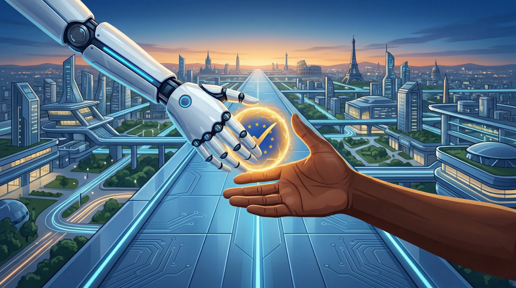 plan rapproché de deux mains : une main humaine et une main robotique s'apprêtant à se serrer la main. Leurs doigts sont juste à quelques millimètres de se toucher. Au point de rencontre futur, une sphère d'énergie dorée se forme, où l'on distingue le drapeau de l'UE et un symbole de "check" vert. C'est l'IA Act Européen vu par LS Développement, centre de formation professionnelle à Eguilles et Aix-en-Provence.